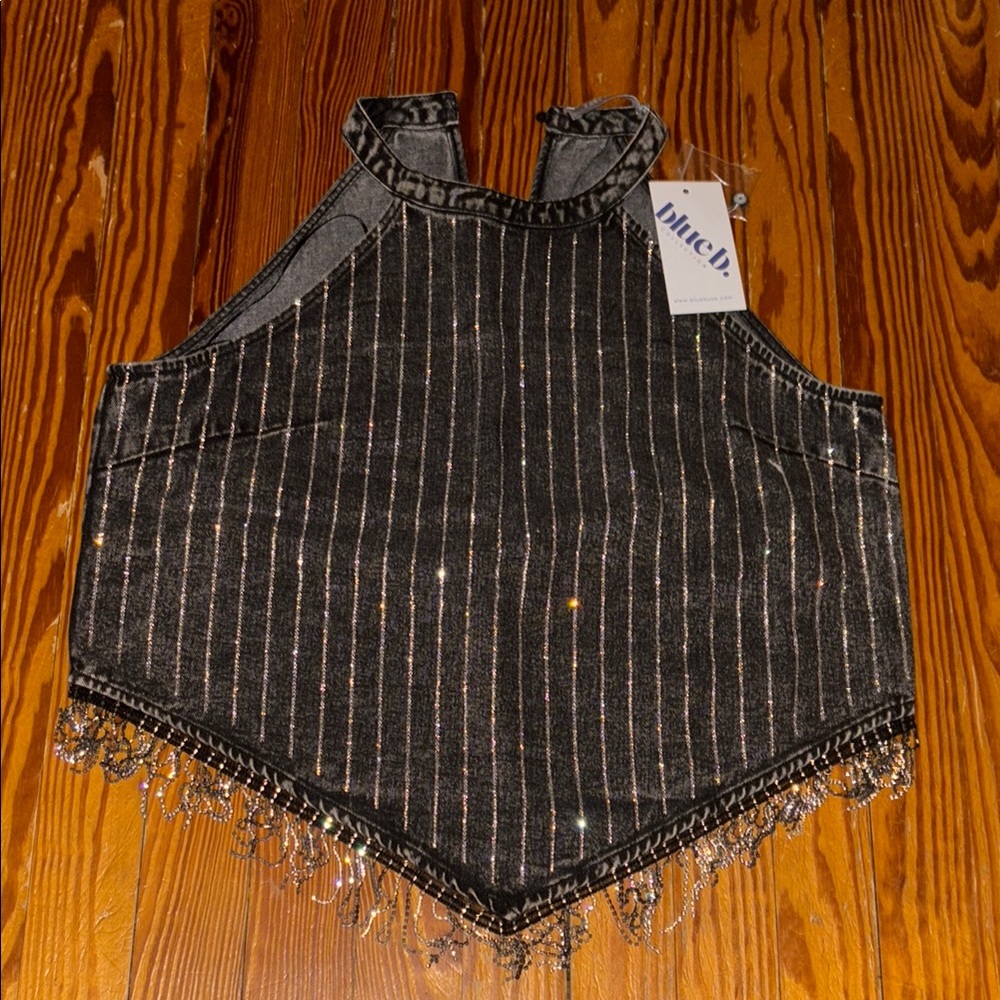 Black Sleeveless Top with Silver Stripes and Fringe